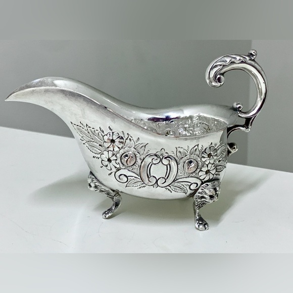 Early 20th Century Vtg Ornate Lion Head Silver Plated Copper Footed Gravy Boat - Picture 1 of 16